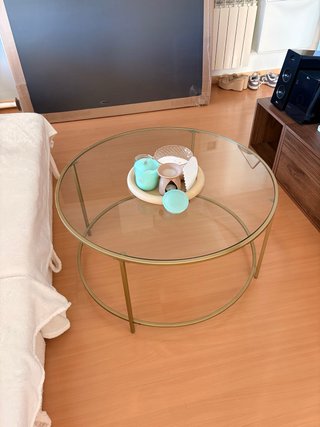 Mesa de centro cristal y metal dorado