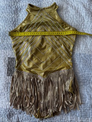 Maillot Patinaje Artístico Dorado con Flecos