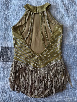 Maillot Patinaje Artístico Dorado con Flecos