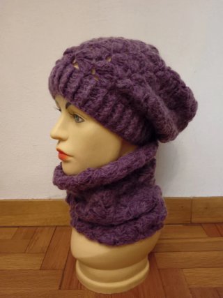 Set berretto e scaldacollo traforato viola cipolla