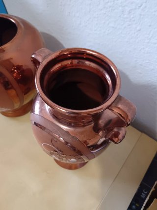 Pareja jarrones cerámica vintage efecto cobre