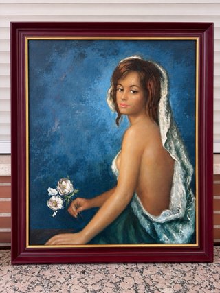Cuadro al óleo mujer con flores