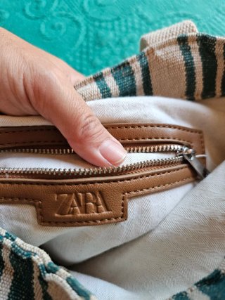 Bolso Tote Zara Rayas Beige y Verde