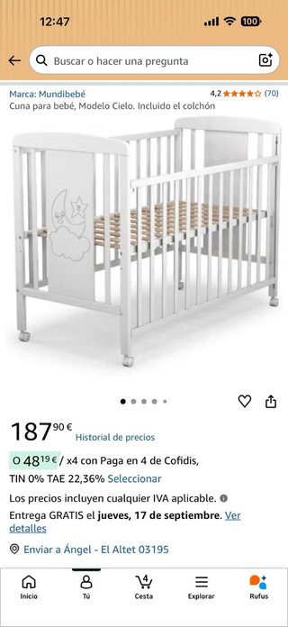 Cuna de madera blanca con colchón