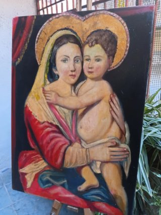 Antico dipinto olio su tela Madonna Bambino