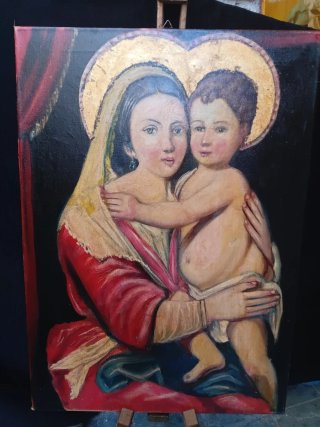 Antico dipinto olio su tela Madonna Bambino