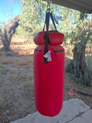Saco de boxeo rojo y guantes
