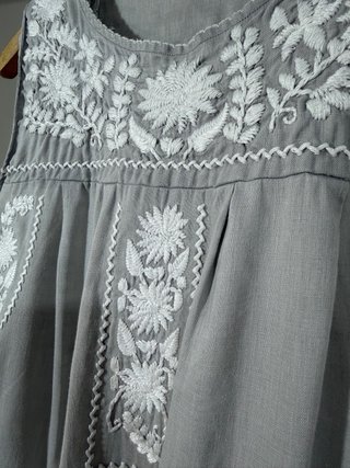 Vestido lino bordado boho gris XS