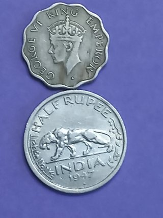 Moneda India 1947 Media Rupia y 1 Anna de 1946 Ind