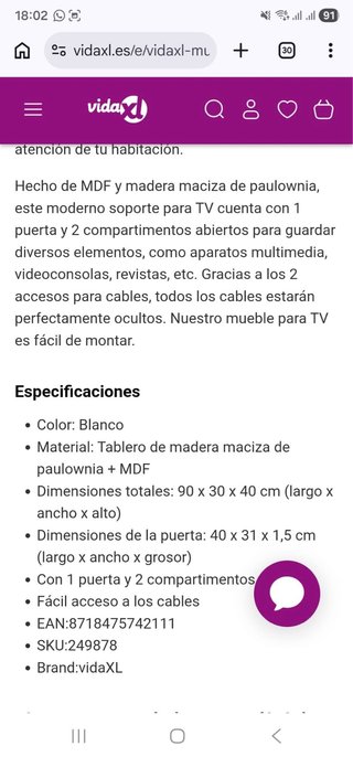 Mueble TV madera blanco 90x30x40