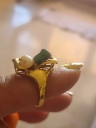 Anillo y pendientes oro 18k con perla y turquesa