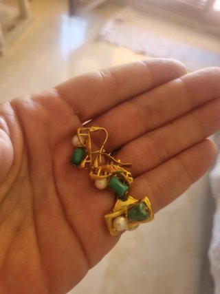 Anillo y pendientes oro 18k con perla y turquesa