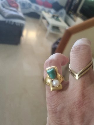 Anillo y pendientes oro 18k con perla y turquesa