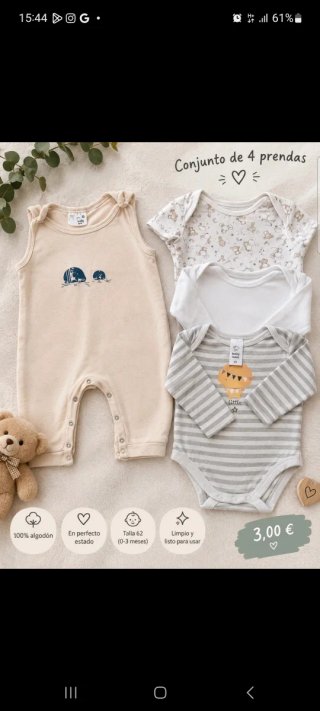 Conjunto bebé 4 piezas: 3 bodies y peto