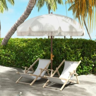 Sombrilla de playa de tela y madera
