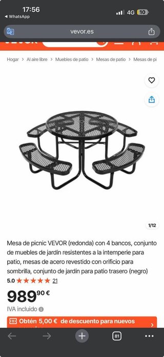 Mesa picnic VEVOR redonda 4 bancos