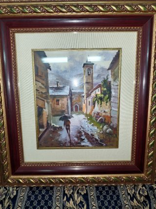 Cuadro óleo Lluvia en el pueblo rústico 63x58