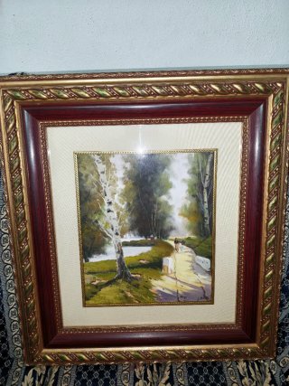 Cuadro óleo Paisaje rural con abedules 63x58