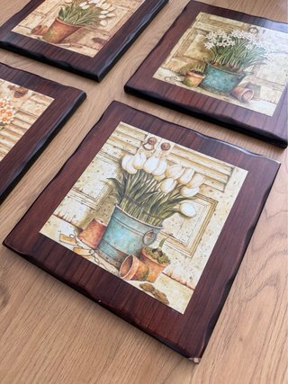Set 4 Cuadros Madera Maciza Flores