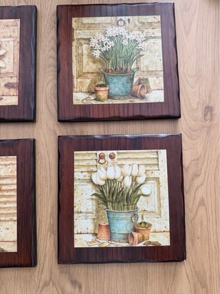 Set 4 Cuadros Madera Maciza Flores