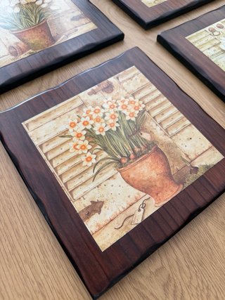 Set 4 Cuadros Madera Maciza Flores