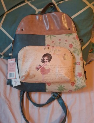 Mochila Beige y Rosa con Dibujo