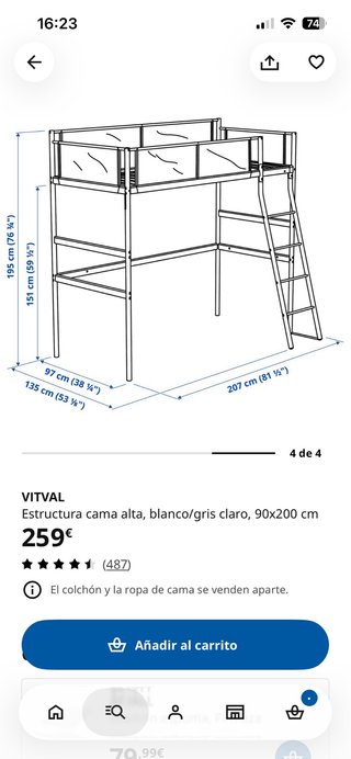 Cama alta Ikea Vitval blanca. Menos de un año.