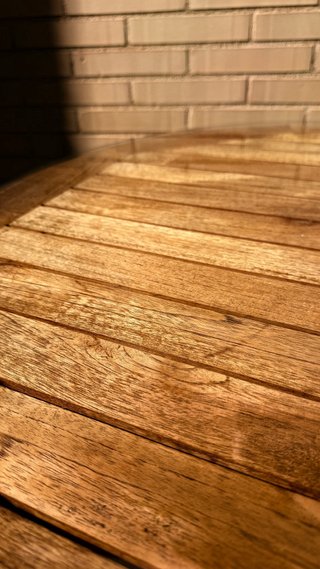 Mesa redonda madera y forja con cristal
