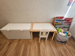 Mesa, silla, baul y libreria
