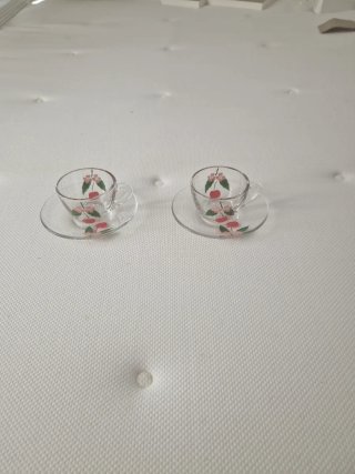 2 Tazas y Platitos Cristal Vintage Cerezas