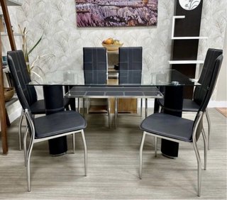 Mesa Comedor Cristal + 6 Sillas Negras