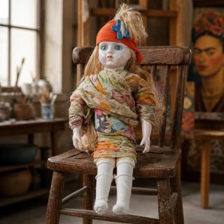 Muñeca de porcelana con vestido estampado