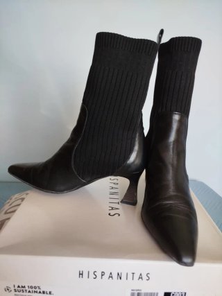 Botines Hispanitas Piel Negra Tejido Talla 38
