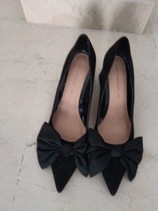 Zapatos Zara Ante Negro Tacón Cuadrado Lazo Talla