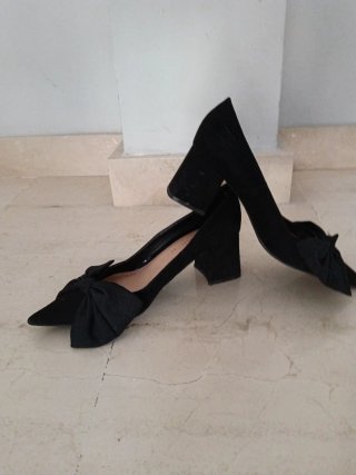 Zapatos Zara Ante Negro Tacón Cuadrado Lazo Talla