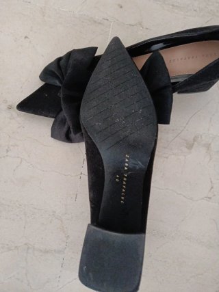 Zapatos Zara Ante Negro Tacón Cuadrado Lazo Talla
