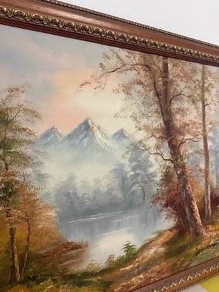 Cuadro al óleo paisaje montaña lago