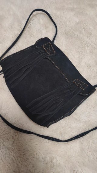 Bolso Bandolera Piel Ante Negro Flecos Boho