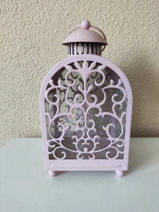 Farol portavelas decorativo rosa metal