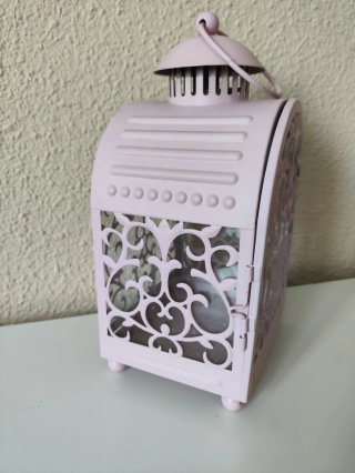Farol portavelas decorativo rosa metal