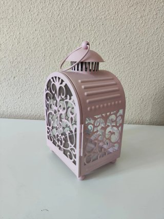 Farol portavelas decorativo rosa metal