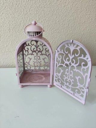 Farol portavelas decorativo rosa metal