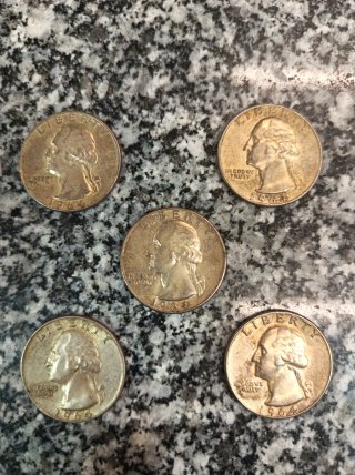 Lote 5 Monedas Plata EE.UU. Quarter 1964