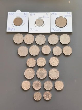 Lote 25 monedas Suiza y Bélgica.