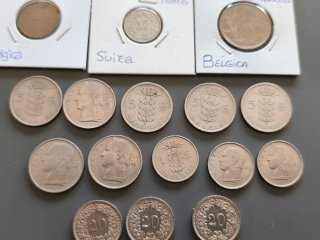 Lote 25 monedas Suiza y Bélgica.