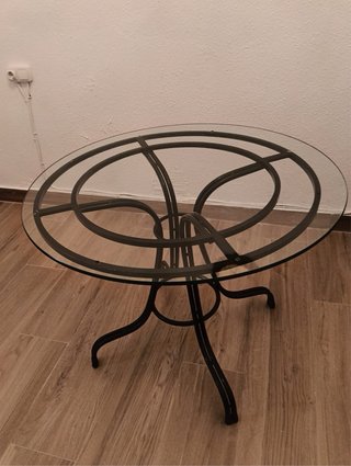 Mesa redonda cristal y hierro forjado + sillas