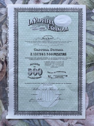 10 accAcción La Papelera Española 500 Pesetas 1976