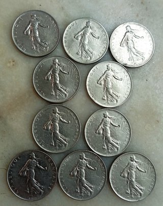 FRANCIA - 10 Monedas de 1 Franco Años 60 y 70