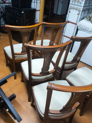 Conjunto 6 sillas salón madera y tela