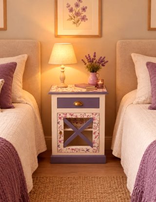 Mesita Auxiliar Floral Morada y Blanca